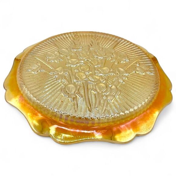 Vintage Jeanette Iris Iridescent Carnival Glass Serving Sandwich Round Plate - Picture 5 of 11